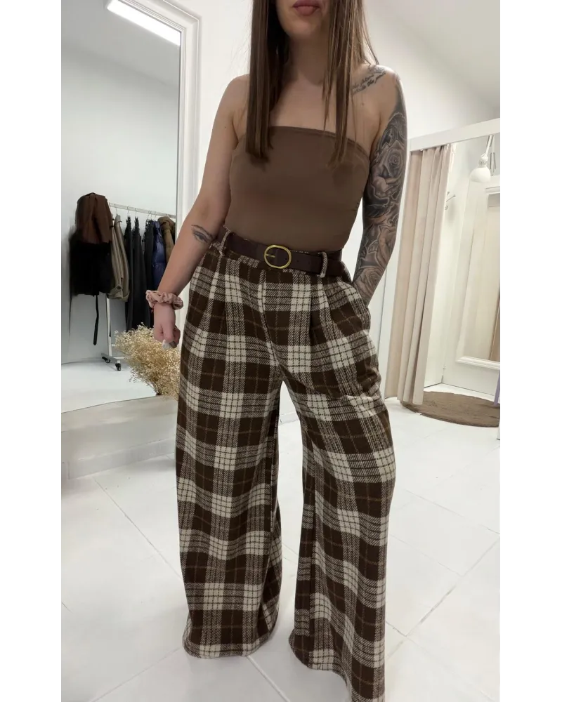 Spodnie „Vintage Check” – szerokie wełniane spodnie w brązową kratę