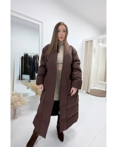 Kurtka „Puffy Long Brown” – długa, ultraciepła puchówka w kolorze czekoladowym