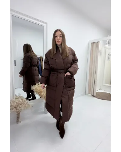 Kurtka „Puffy Long Brown” – długa, ultraciepła puchówka w kolorze czekoladowym