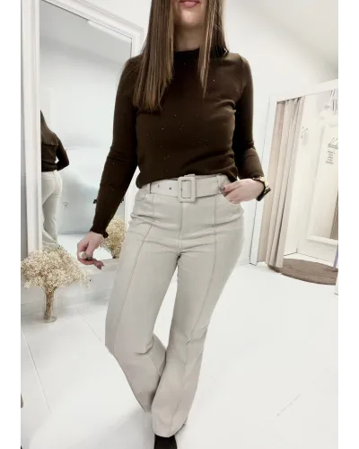 Bluzka „Chocolate Sparkle” – brązowy prążkowany golf z delikatnym połyskiem