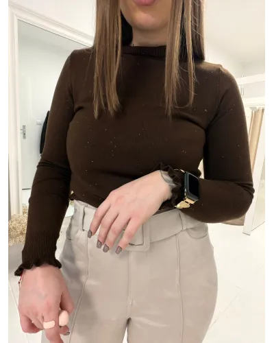 Bluzka „Chocolate Sparkle” – brązowy prążkowany golf z delikatnym połyskiem