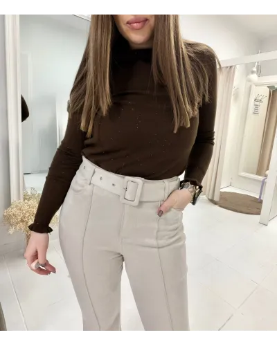 Bluzka „Chocolate Sparkle” – brązowy prążkowany golf z delikatnym połyskiem